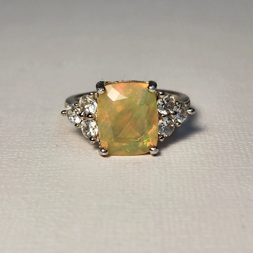 Genuine 2.05ct NATURAL Fiery Ethiopian Opal Wht Zircon 925 Ring Sz 7 VTG - Picture 9 of 15